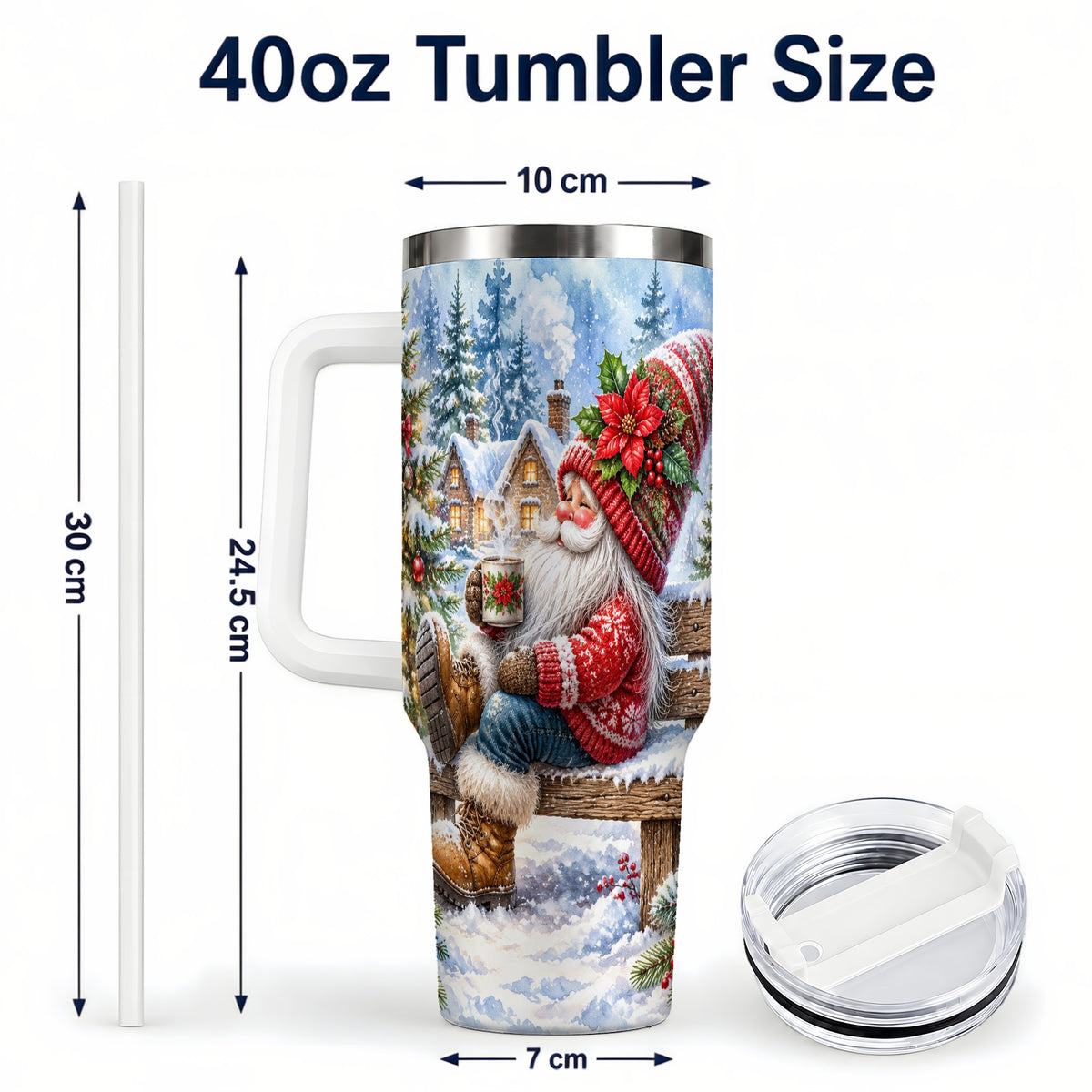 #pl[40oz|White] Watercolor Santa 40oz Tumbler with Handle, Winter Steel Travel Cup