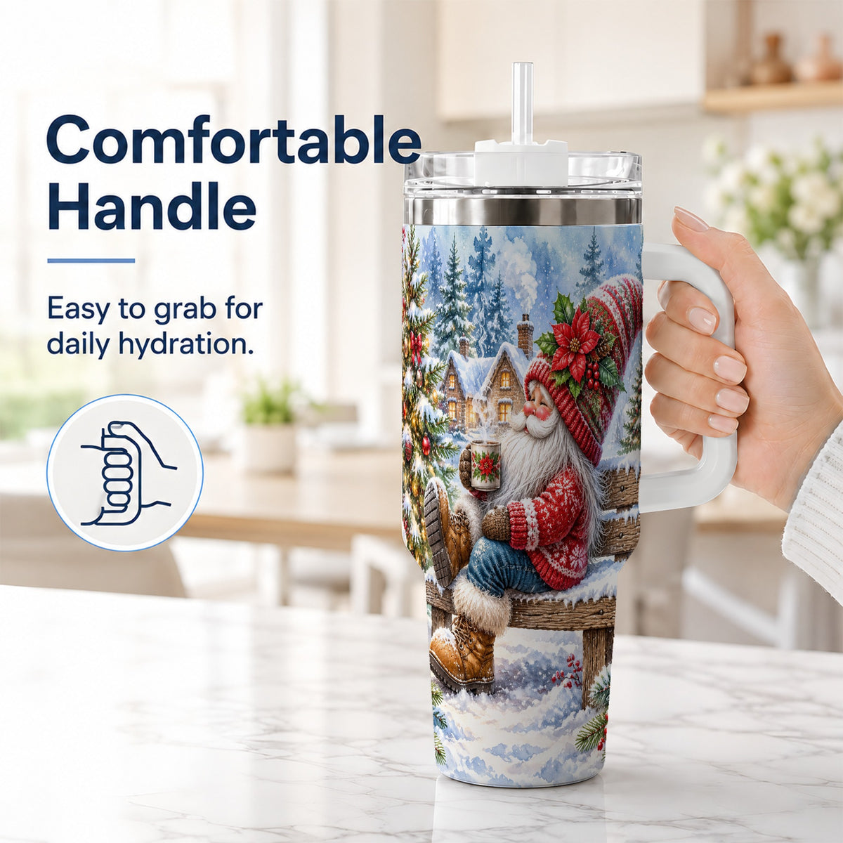 #pl[40oz|White] Watercolor Santa 40oz Tumbler with Handle, Winter Steel Travel Cup