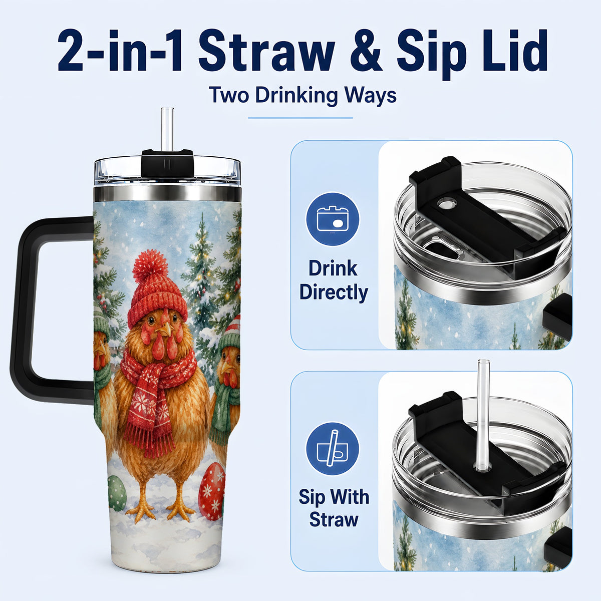 #pl[40oz|Black] Christmas Chicken 40oz Tumbler with Handle, Hen Stainless Steel Travel Cup