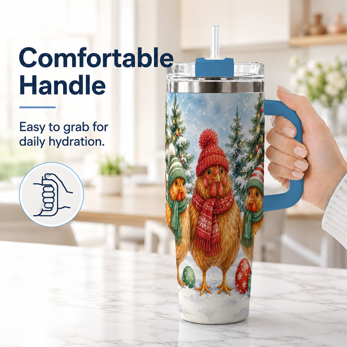 #pl[40oz|Blue] Christmas Chicken 40oz Tumbler with Handle, Hen Stainless Steel Travel Cup
