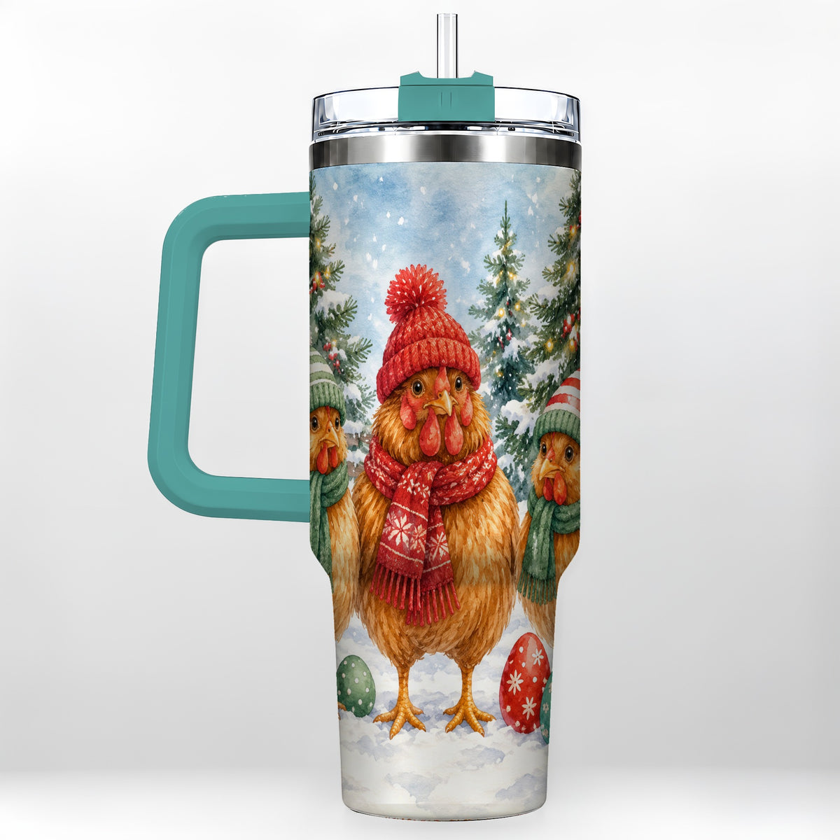 #pl[40oz|Green] Christmas Chicken 40oz Tumbler with Handle, Hen Stainless Steel Travel Cup