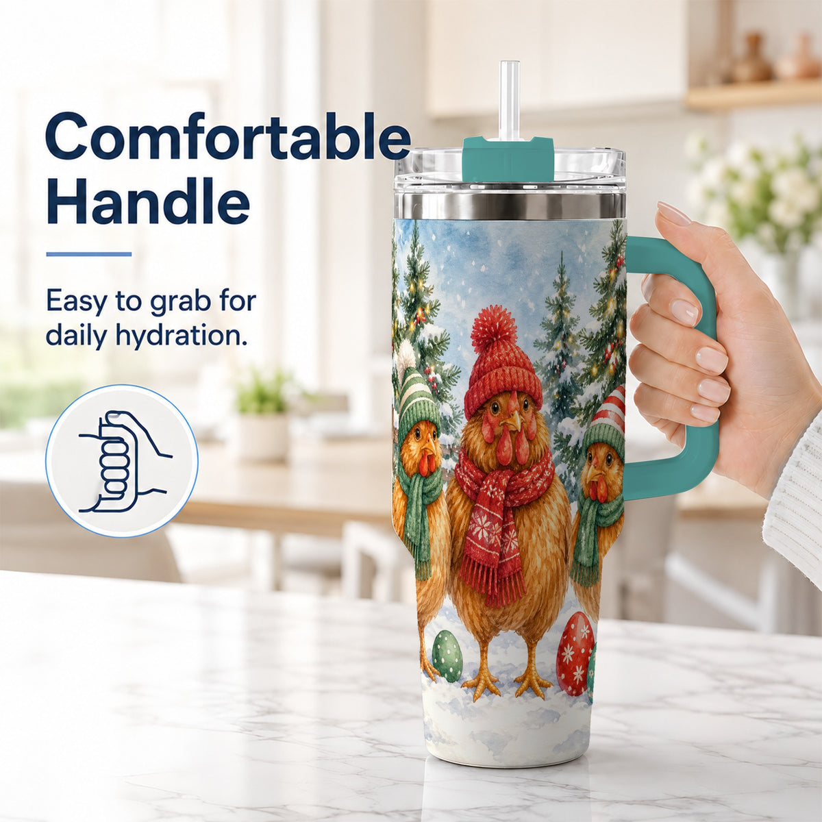 #pl[40oz|Green] Christmas Chicken 40oz Tumbler with Handle, Hen Stainless Steel Travel Cup