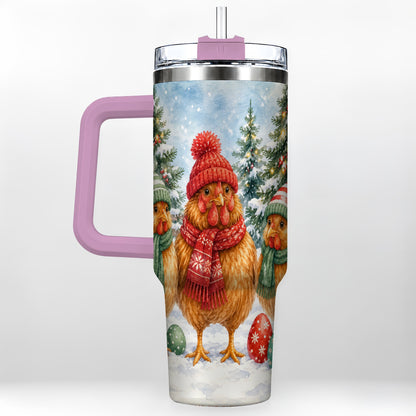 #pl[40oz|Pink] Christmas Chicken 40oz Tumbler with Handle, Hen Stainless Steel Travel Cup