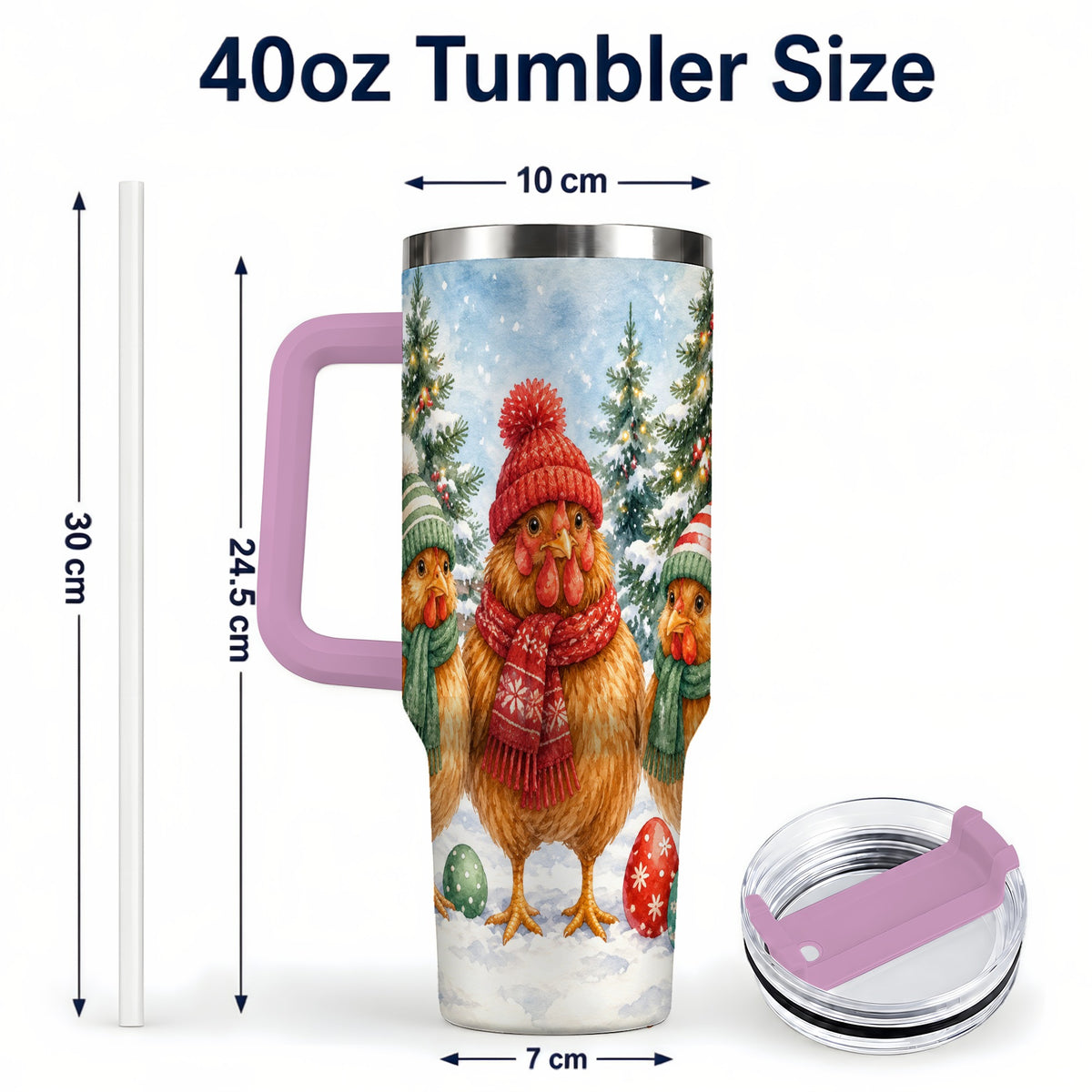 #pl[40oz|Pink] Christmas Chicken 40oz Tumbler with Handle, Hen Stainless Steel Travel Cup