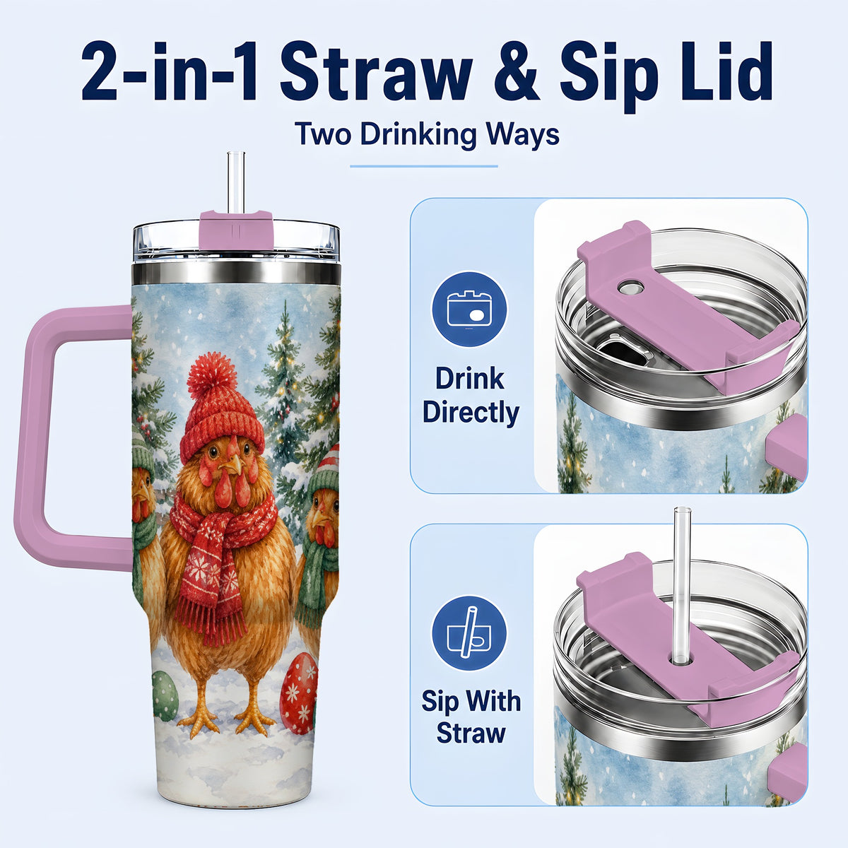#pl[40oz|Pink] Christmas Chicken 40oz Tumbler with Handle, Hen Stainless Steel Travel Cup
