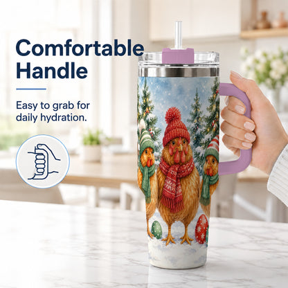 #pl[40oz|Pink] Christmas Chicken 40oz Tumbler with Handle, Hen Stainless Steel Travel Cup
