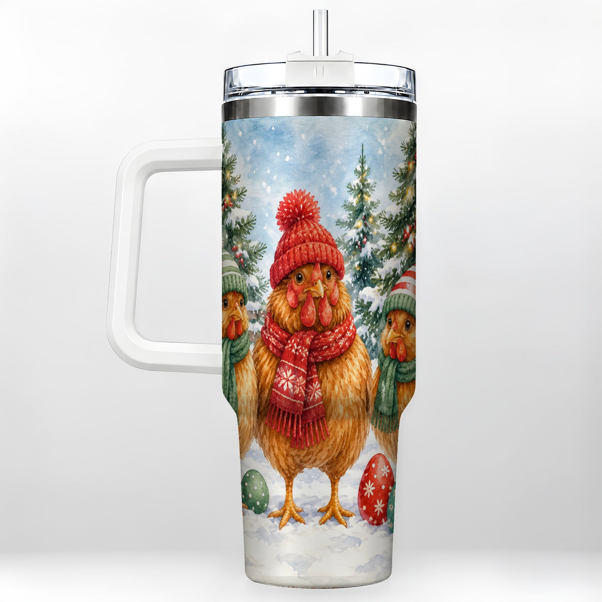 #pl[40oz|White] Christmas Chicken 40oz Tumbler with Handle, Hen Stainless Steel Travel Cup