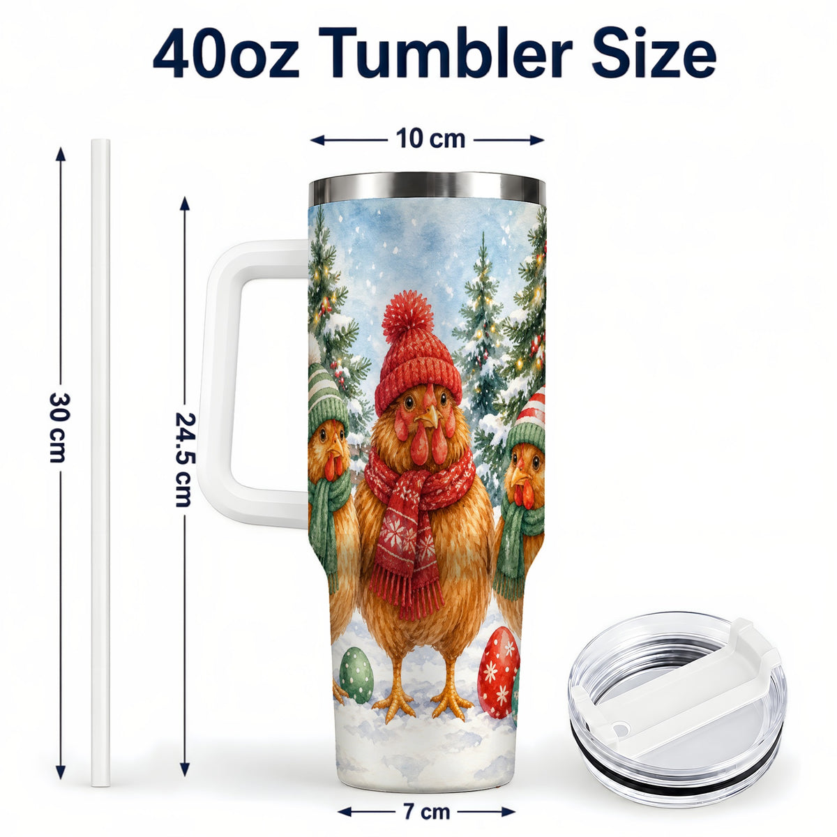 #pl[40oz|White] Christmas Chicken 40oz Tumbler with Handle, Hen Stainless Steel Travel Cup