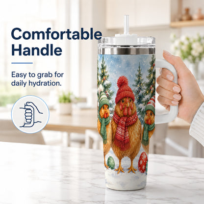 #pl[40oz|White] Christmas Chicken 40oz Tumbler with Handle, Hen Stainless Steel Travel Cup