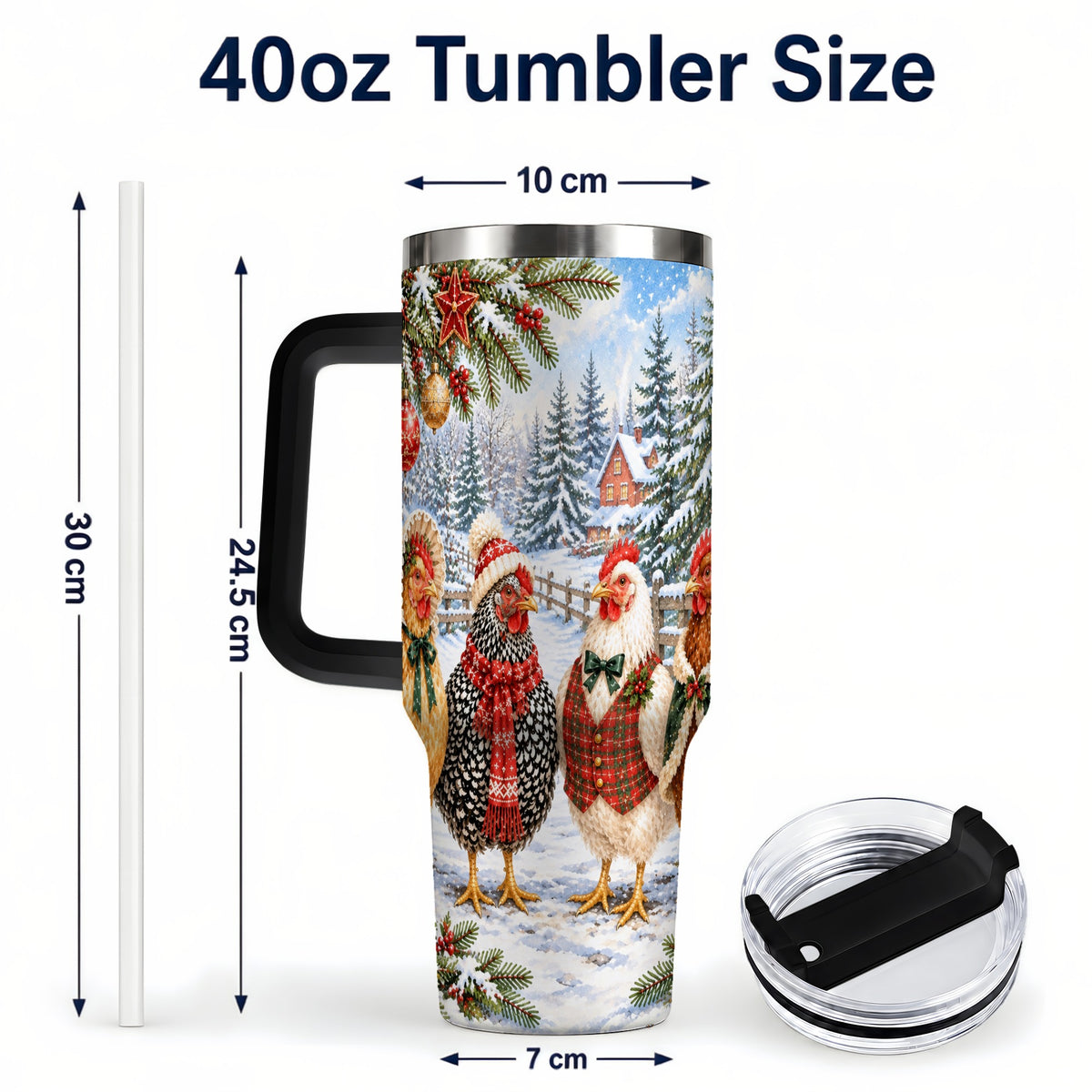 #pl[40oz|Black] Vintage Christmas Chicken 40oz Tumbler with Handle, Steel Travel Cup