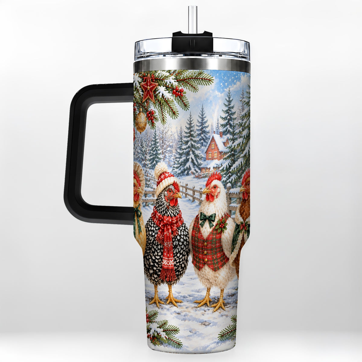 #pl[40oz|Black] Vintage Christmas Chicken 40oz Tumbler with Handle, Steel Travel Cup