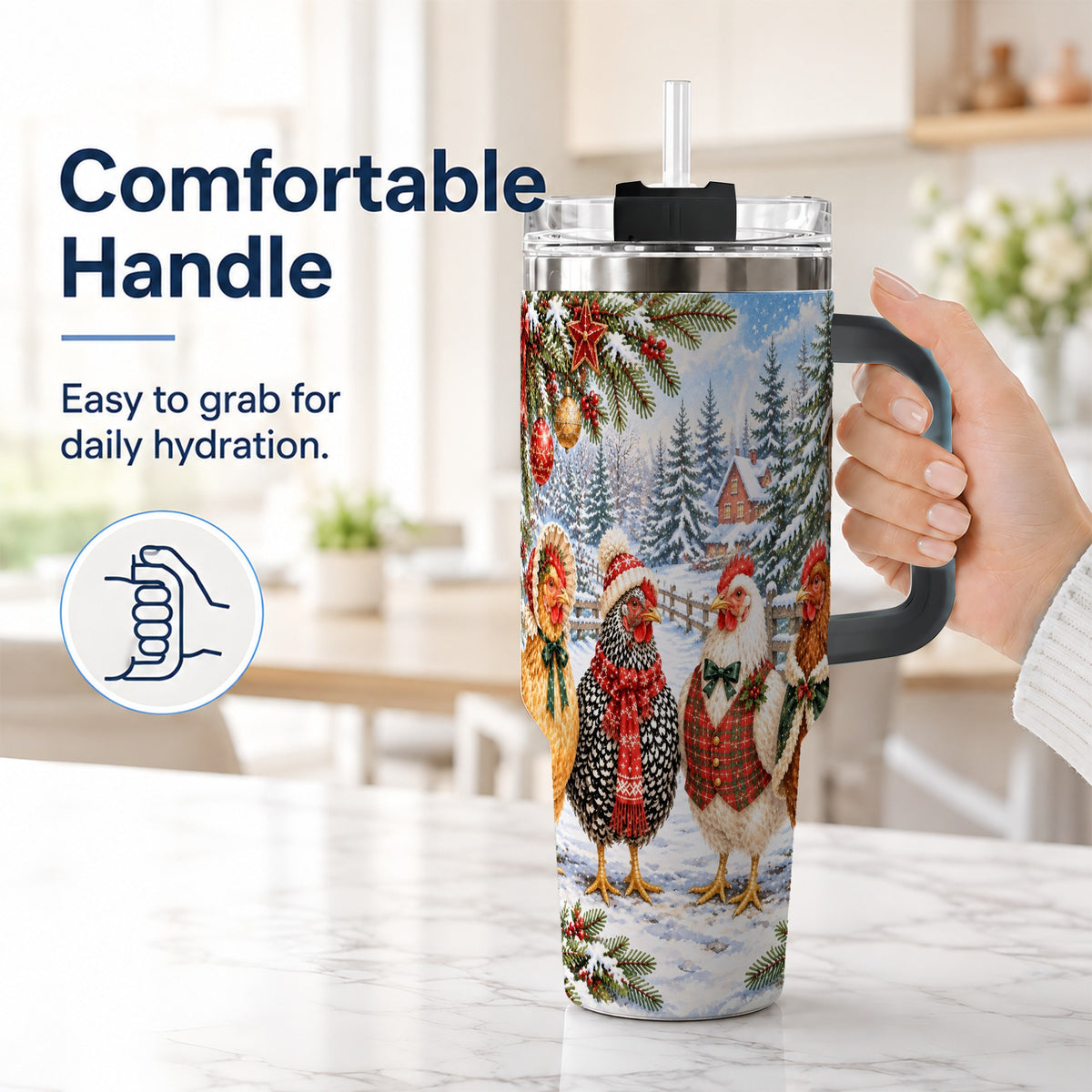 #pl[40oz|Black] Vintage Christmas Chicken 40oz Tumbler with Handle, Steel Travel Cup