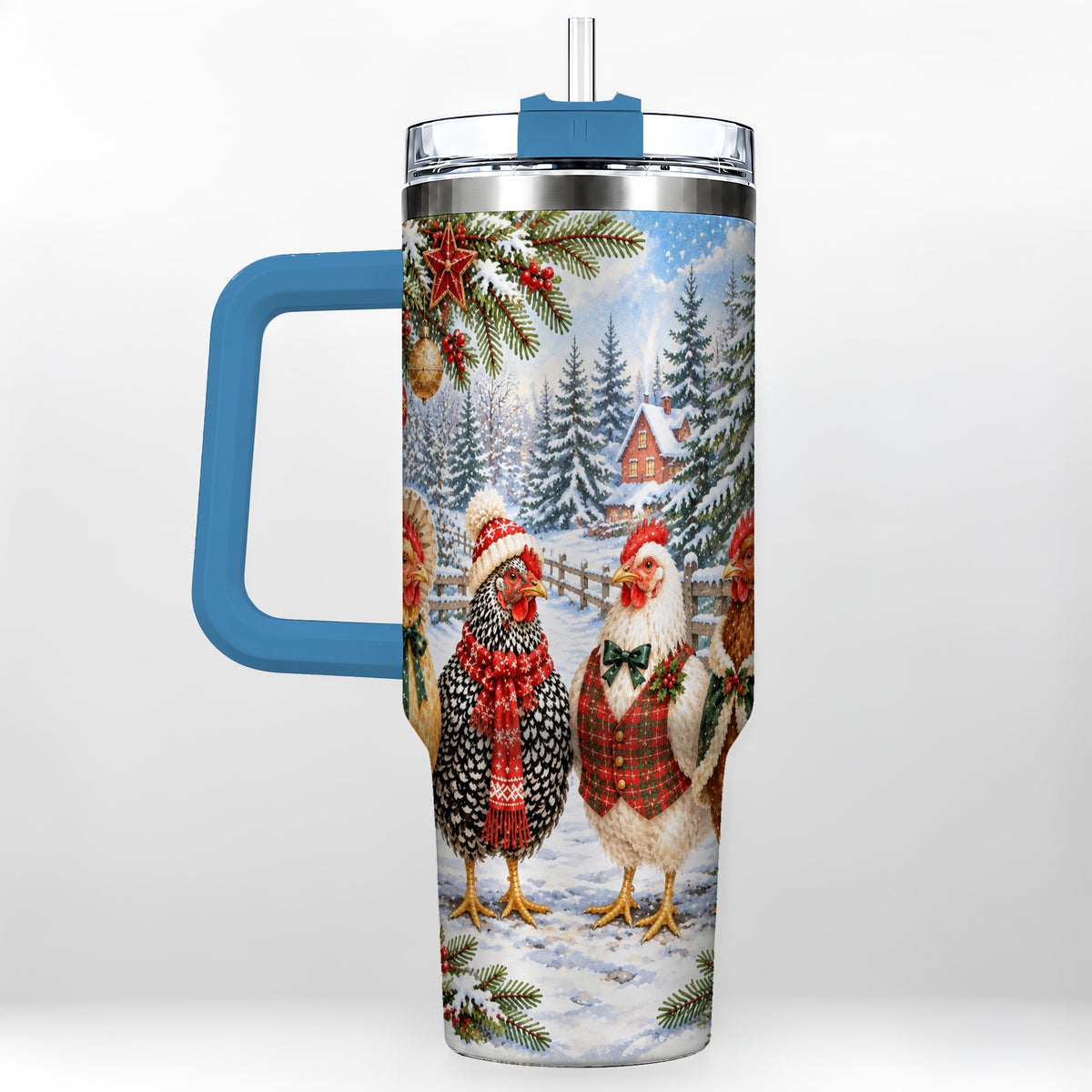 #pl[40oz|Blue] Vintage Christmas Chicken 40oz Tumbler with Handle, Steel Travel Cup