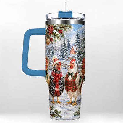 #pl[40oz|Blue] Vintage Christmas Chicken 40oz Tumbler with Handle, Steel Travel Cup