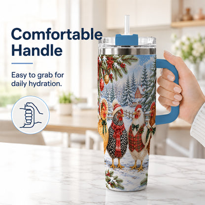 #pl[40oz|Blue] Vintage Christmas Chicken 40oz Tumbler with Handle, Steel Travel Cup
