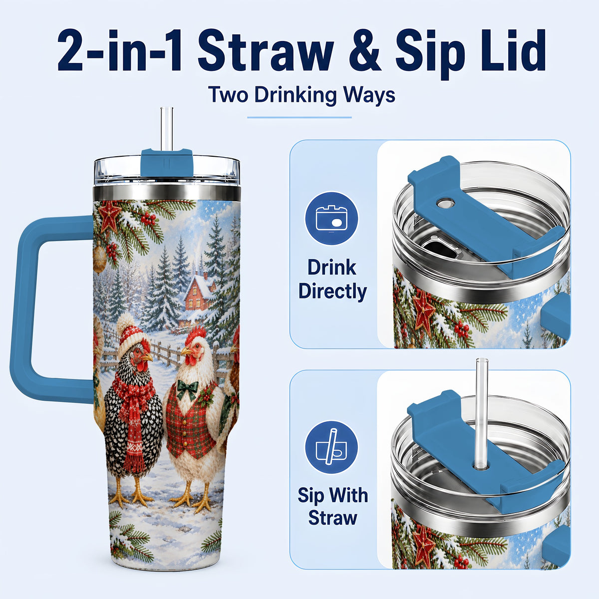 #pl[40oz|Blue] Vintage Christmas Chicken 40oz Tumbler with Handle, Steel Travel Cup