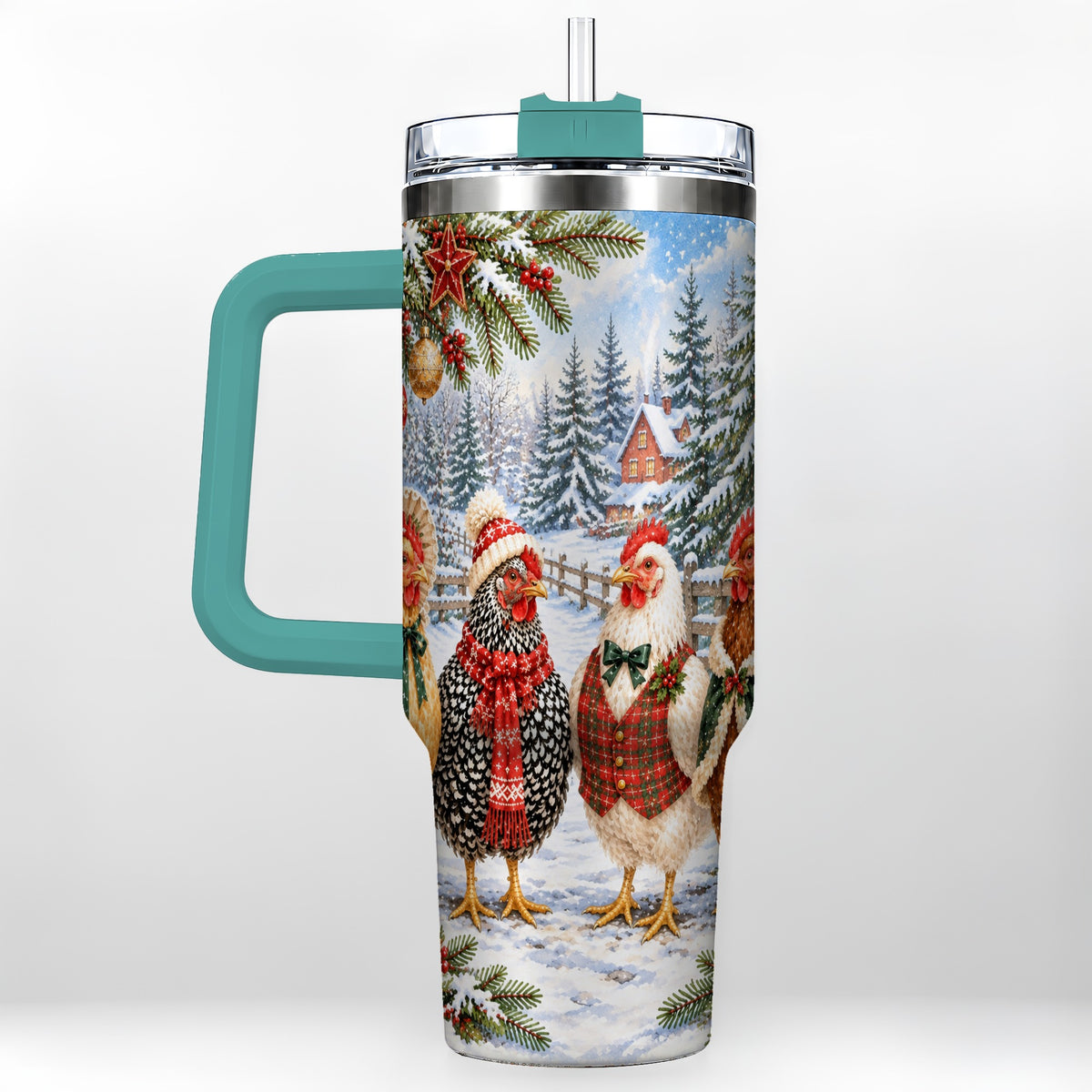 #pl[40oz|Green] Vintage Christmas Chicken 40oz Tumbler with Handle, Steel Travel Cup