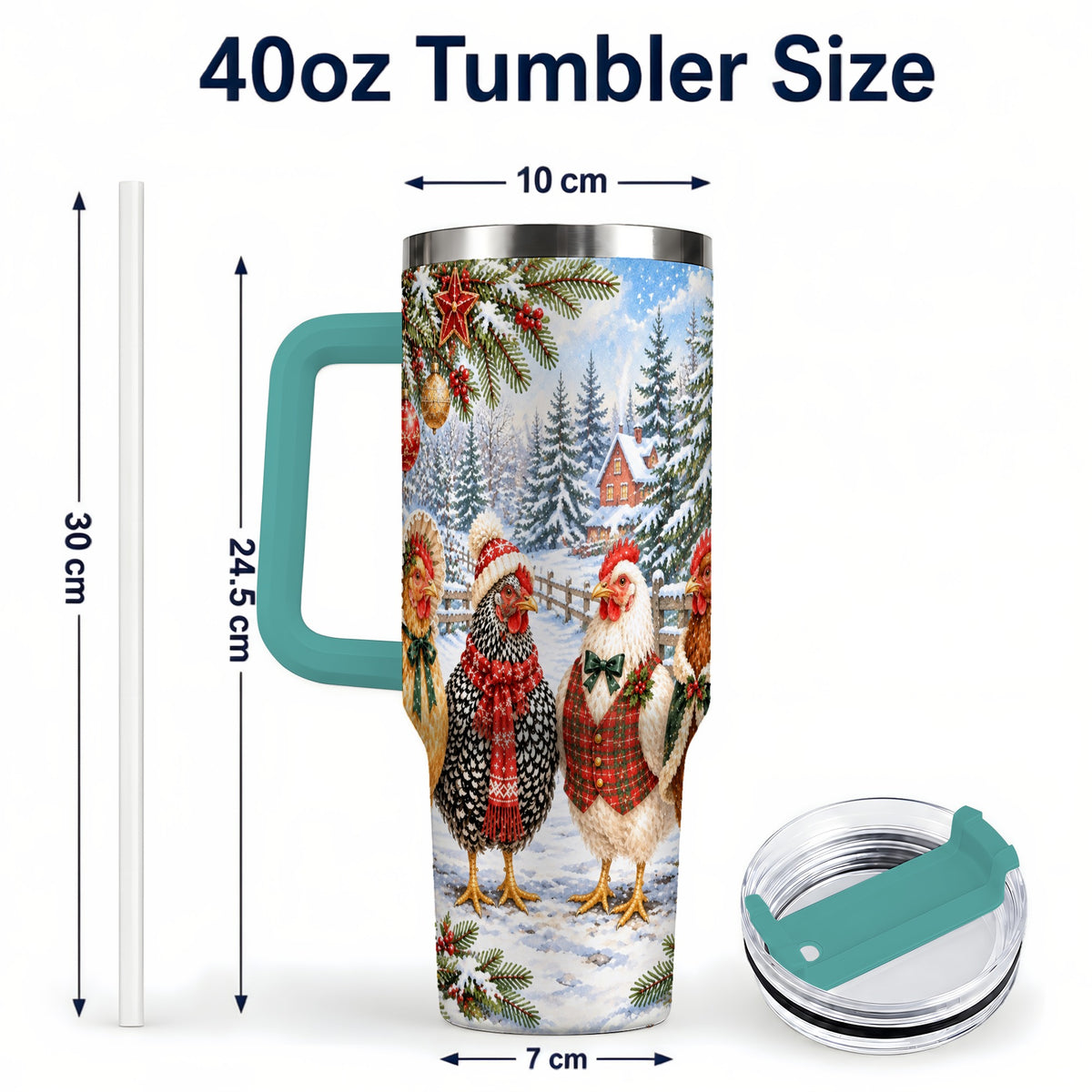 #pl[40oz|Green] Vintage Christmas Chicken 40oz Tumbler with Handle, Steel Travel Cup