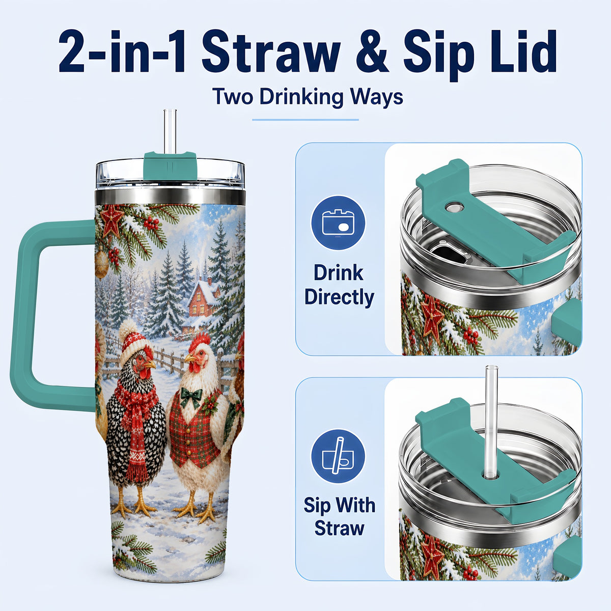 #pl[40oz|Green] Vintage Christmas Chicken 40oz Tumbler with Handle, Steel Travel Cup