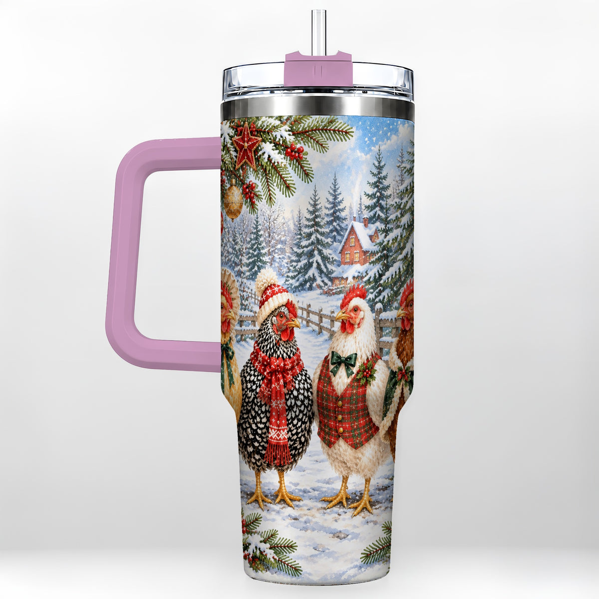 #pl[40oz|Pink] Vintage Christmas Chicken 40oz Tumbler with Handle, Steel Travel Cup