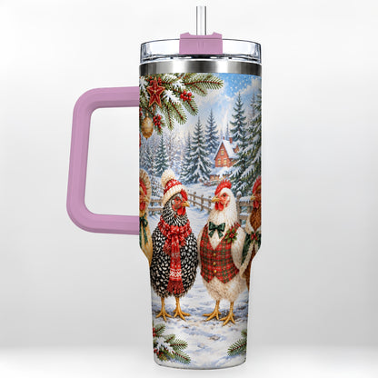 #pl[40oz|Pink] Vintage Christmas Chicken 40oz Tumbler with Handle, Steel Travel Cup