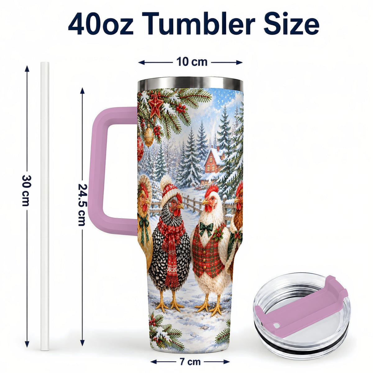 #pl[40oz|Pink] Vintage Christmas Chicken 40oz Tumbler with Handle, Steel Travel Cup