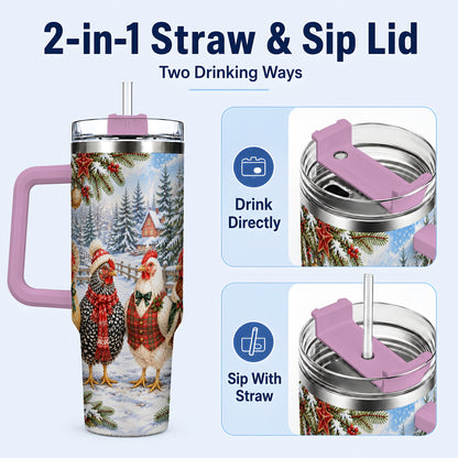 #pl[40oz|Pink] Vintage Christmas Chicken 40oz Tumbler with Handle, Steel Travel Cup