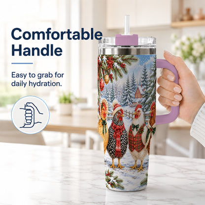 #pl[40oz|Pink] Vintage Christmas Chicken 40oz Tumbler with Handle, Steel Travel Cup