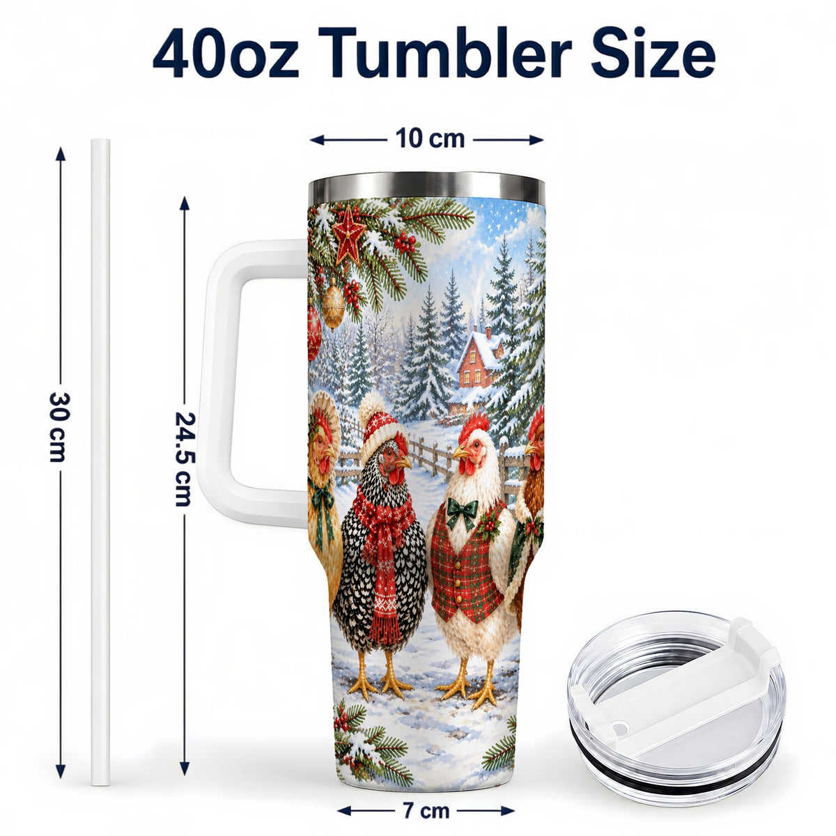 #pl[40oz|White] Vintage Christmas Chicken 40oz Tumbler with Handle, Steel Travel Cup