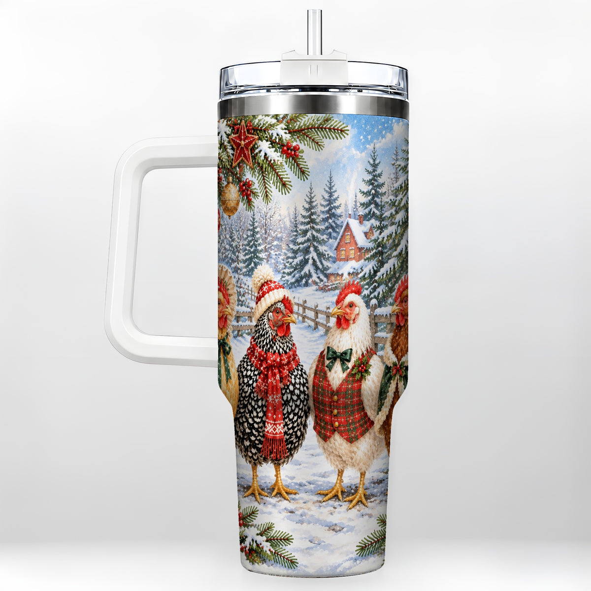 #pl[40oz|White] Vintage Christmas Chicken 40oz Tumbler with Handle, Steel Travel Cup