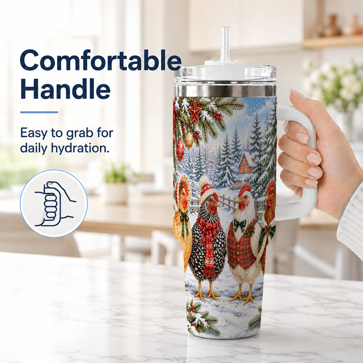 #pl[40oz|White] Vintage Christmas Chicken 40oz Tumbler with Handle, Steel Travel Cup