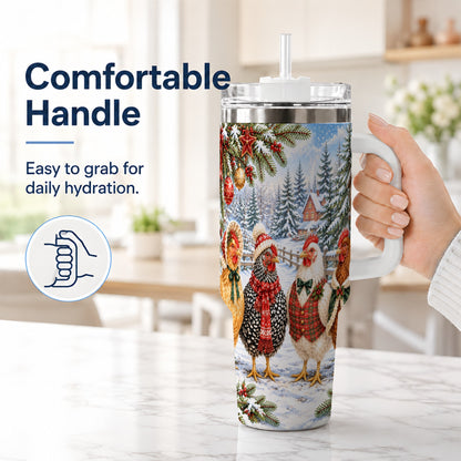 #pl[40oz|White] Vintage Christmas Chicken 40oz Tumbler with Handle, Steel Travel Cup