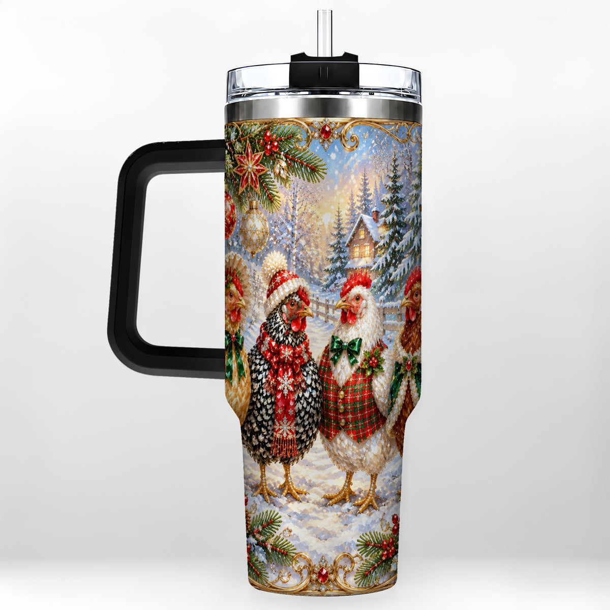 #pl[40oz|Black] Christmas Chicken 40oz Tumbler, Hen Stainless Steel Travel Cup