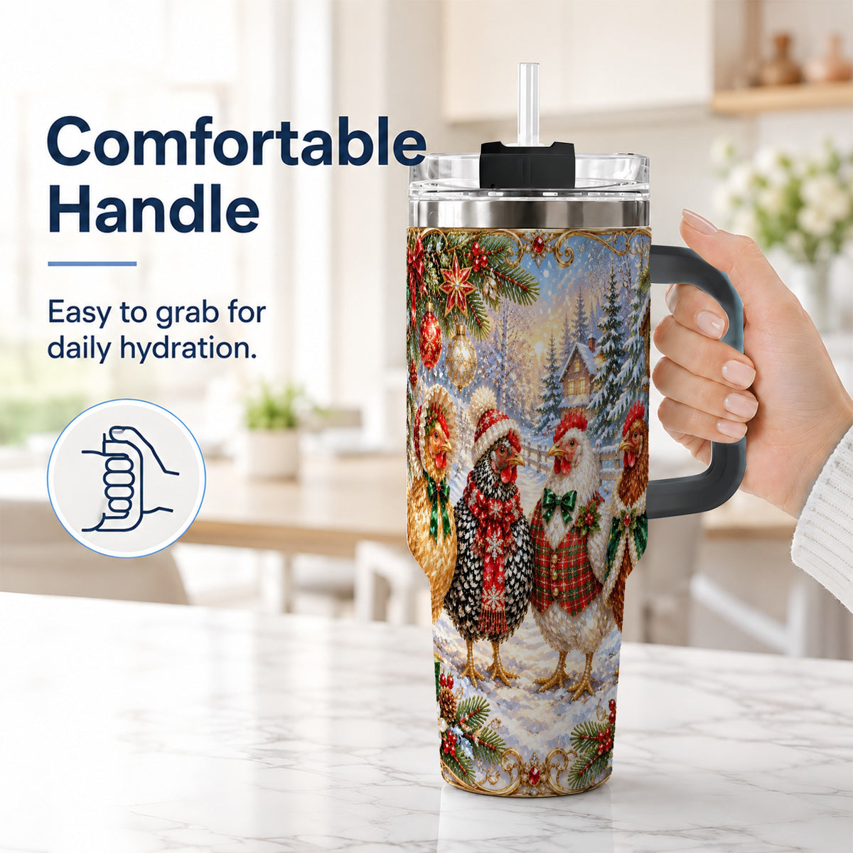 #pl[40oz|Black] Christmas Chicken 40oz Tumbler, Hen Stainless Steel Travel Cup