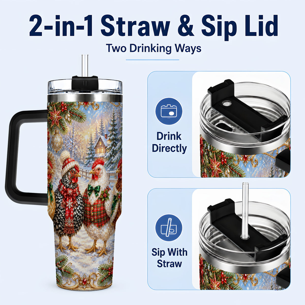 #pl[40oz|Black] Christmas Chicken 40oz Tumbler, Hen Stainless Steel Travel Cup