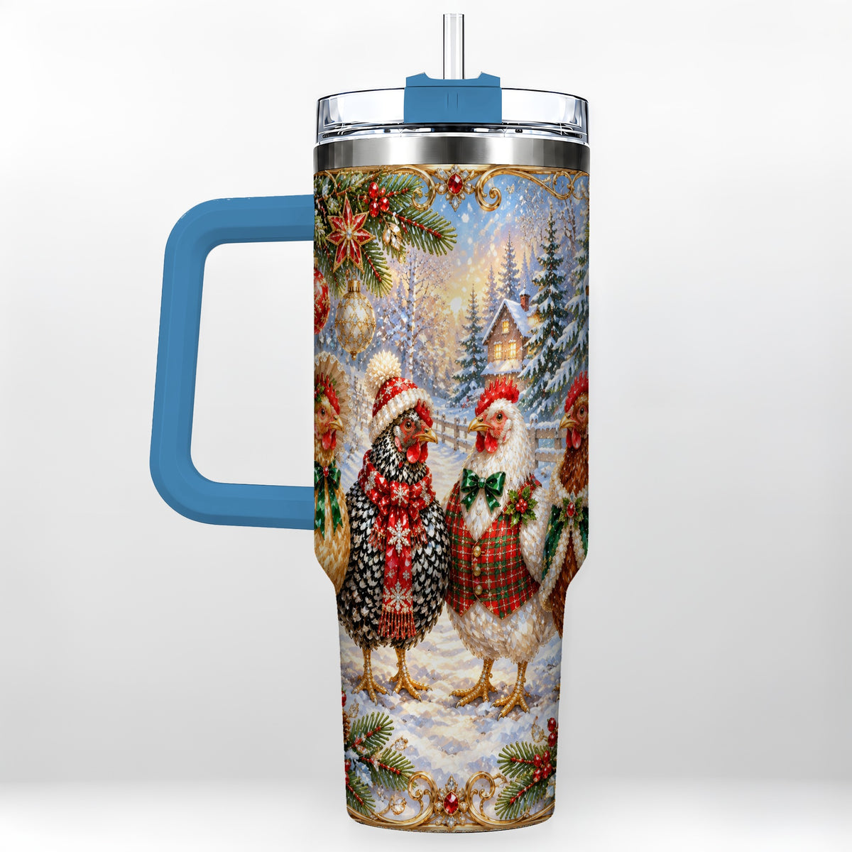 #pl[40oz|Blue] Christmas Chicken 40oz Tumbler, Hen Stainless Steel Travel Cup