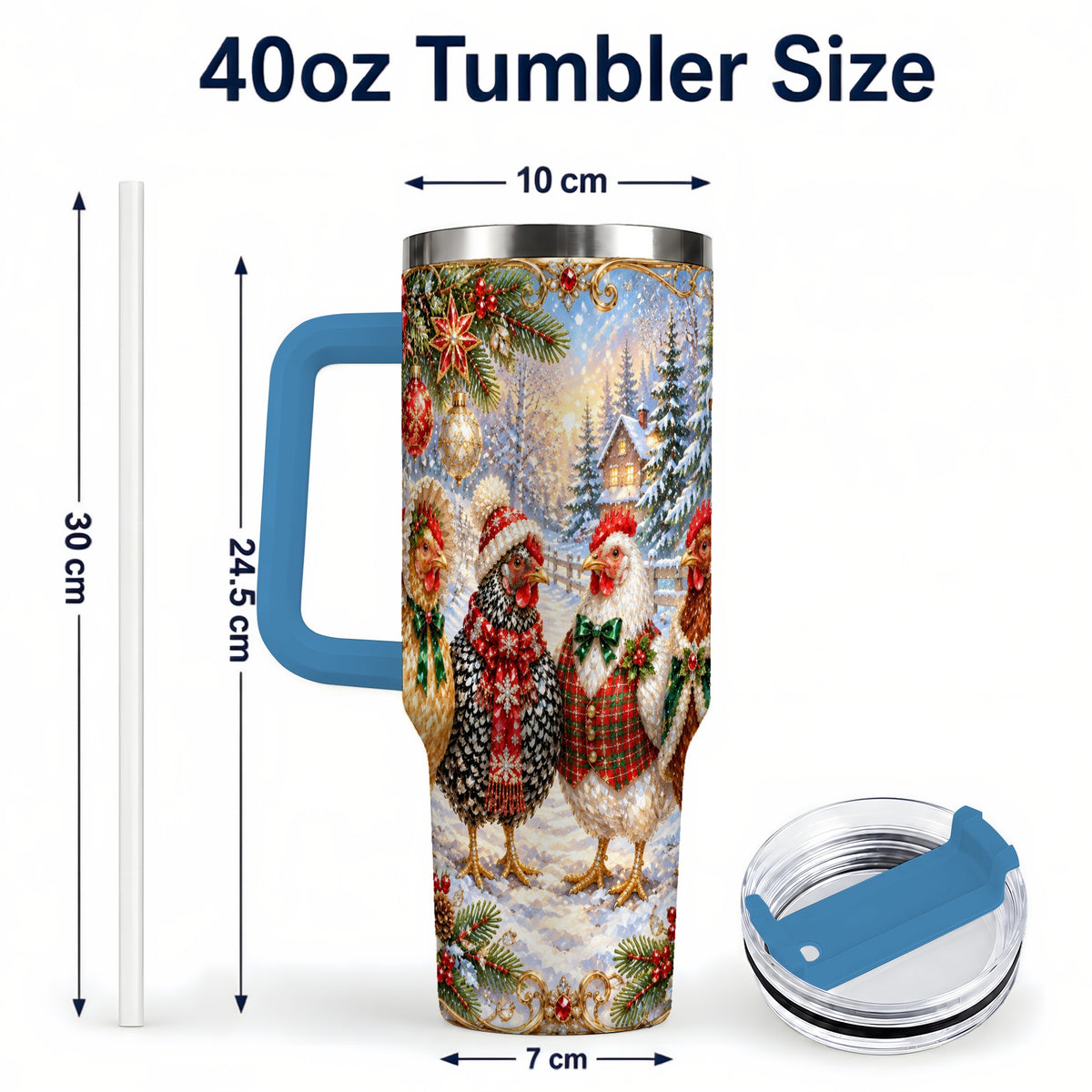 #pl[40oz|Blue] Christmas Chicken 40oz Tumbler, Hen Stainless Steel Travel Cup