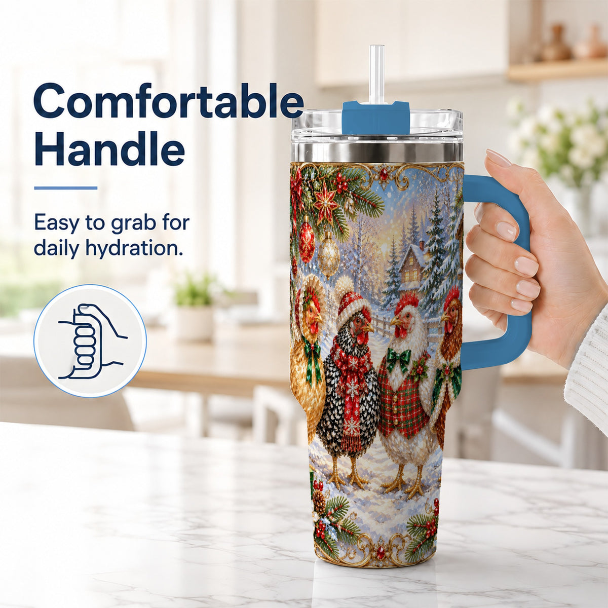 #pl[40oz|Blue] Christmas Chicken 40oz Tumbler, Hen Stainless Steel Travel Cup