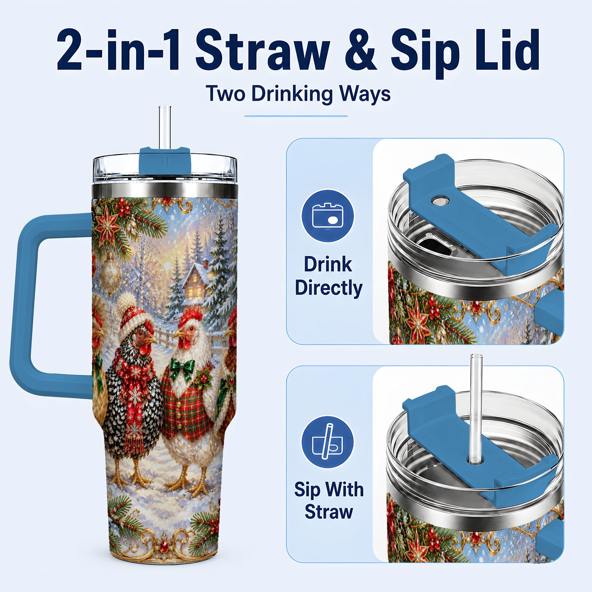 #pl[40oz|Blue] Christmas Chicken 40oz Tumbler, Hen Stainless Steel Travel Cup