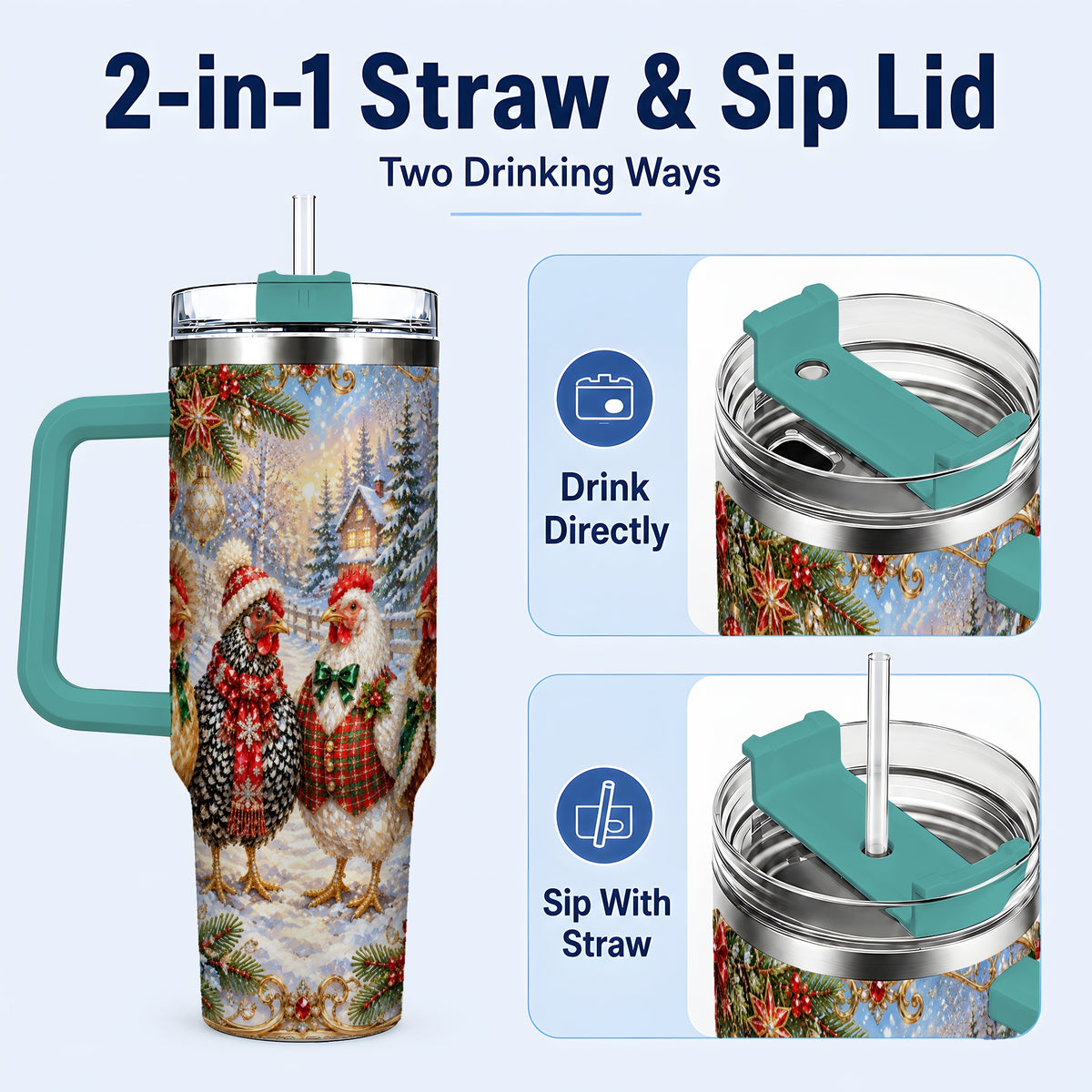 #pl[40oz|Green] Christmas Chicken 40oz Tumbler, Hen Stainless Steel Travel Cup