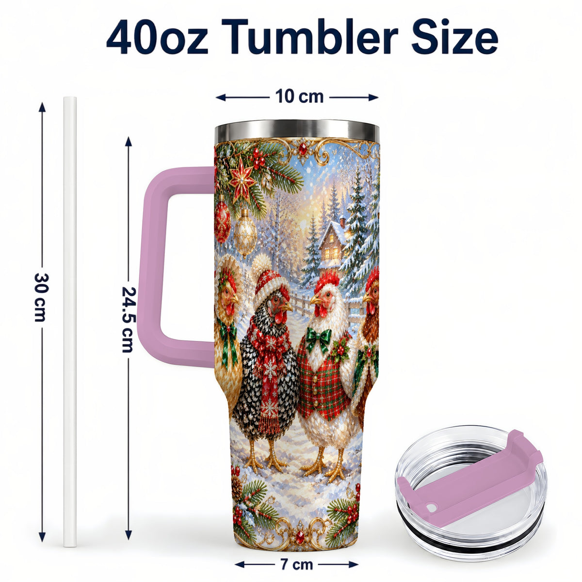 #pl[40oz|Pink] Christmas Chicken 40oz Tumbler, Hen Stainless Steel Travel Cup