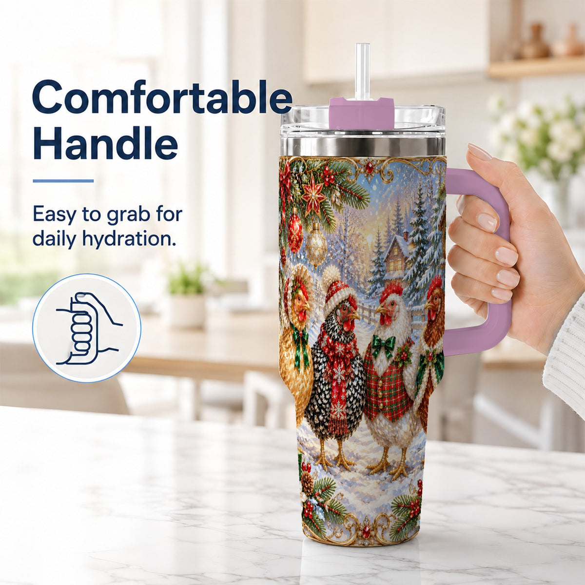 #pl[40oz|Pink] Christmas Chicken 40oz Tumbler, Hen Stainless Steel Travel Cup