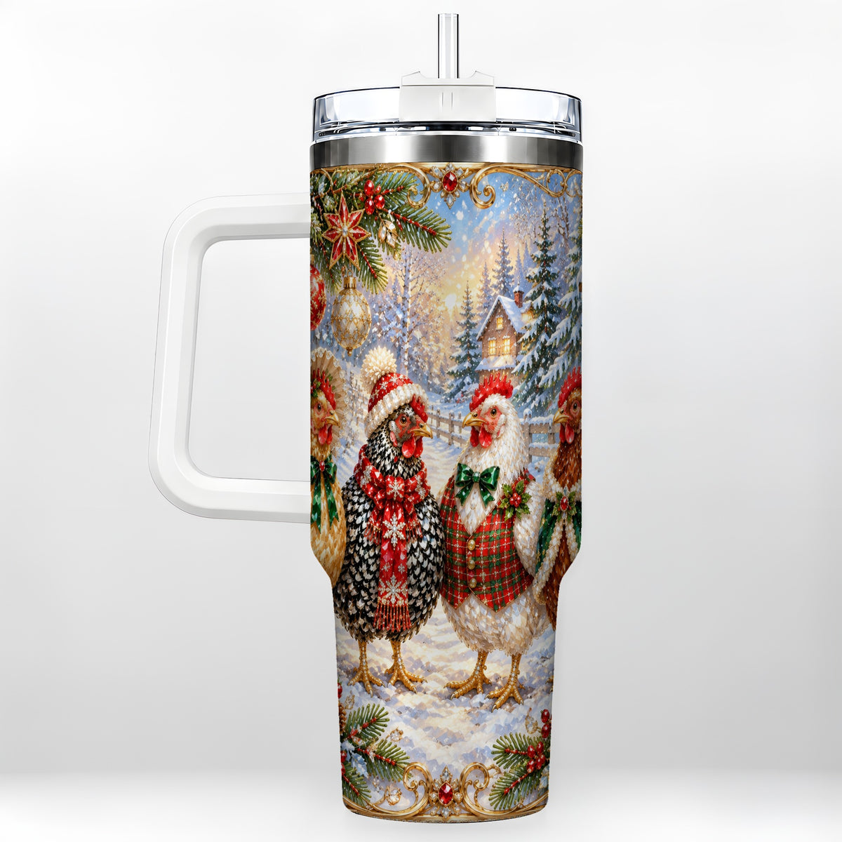 #pl[40oz|White] Christmas Chicken 40oz Tumbler, Hen Stainless Steel Travel Cup