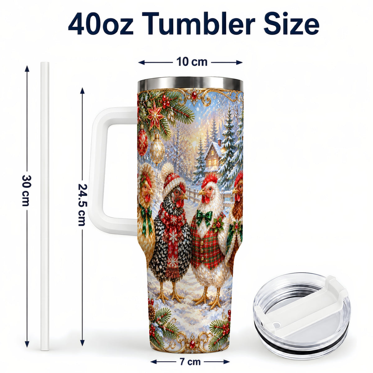 #pl[40oz|White] Christmas Chicken 40oz Tumbler, Hen Stainless Steel Travel Cup