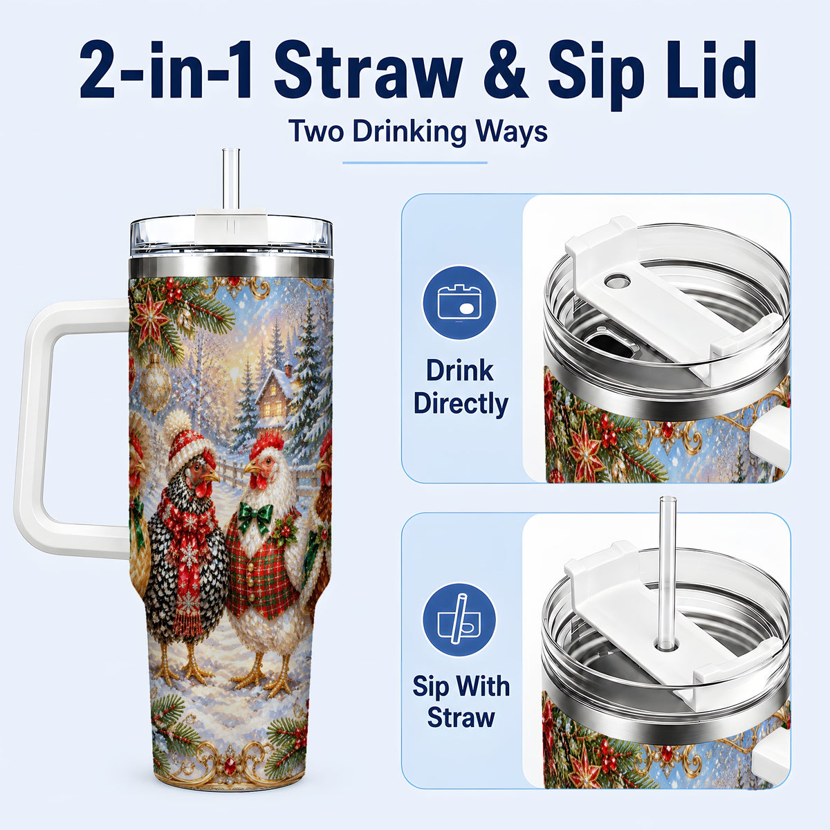 #pl[40oz|White] Christmas Chicken 40oz Tumbler, Hen Stainless Steel Travel Cup