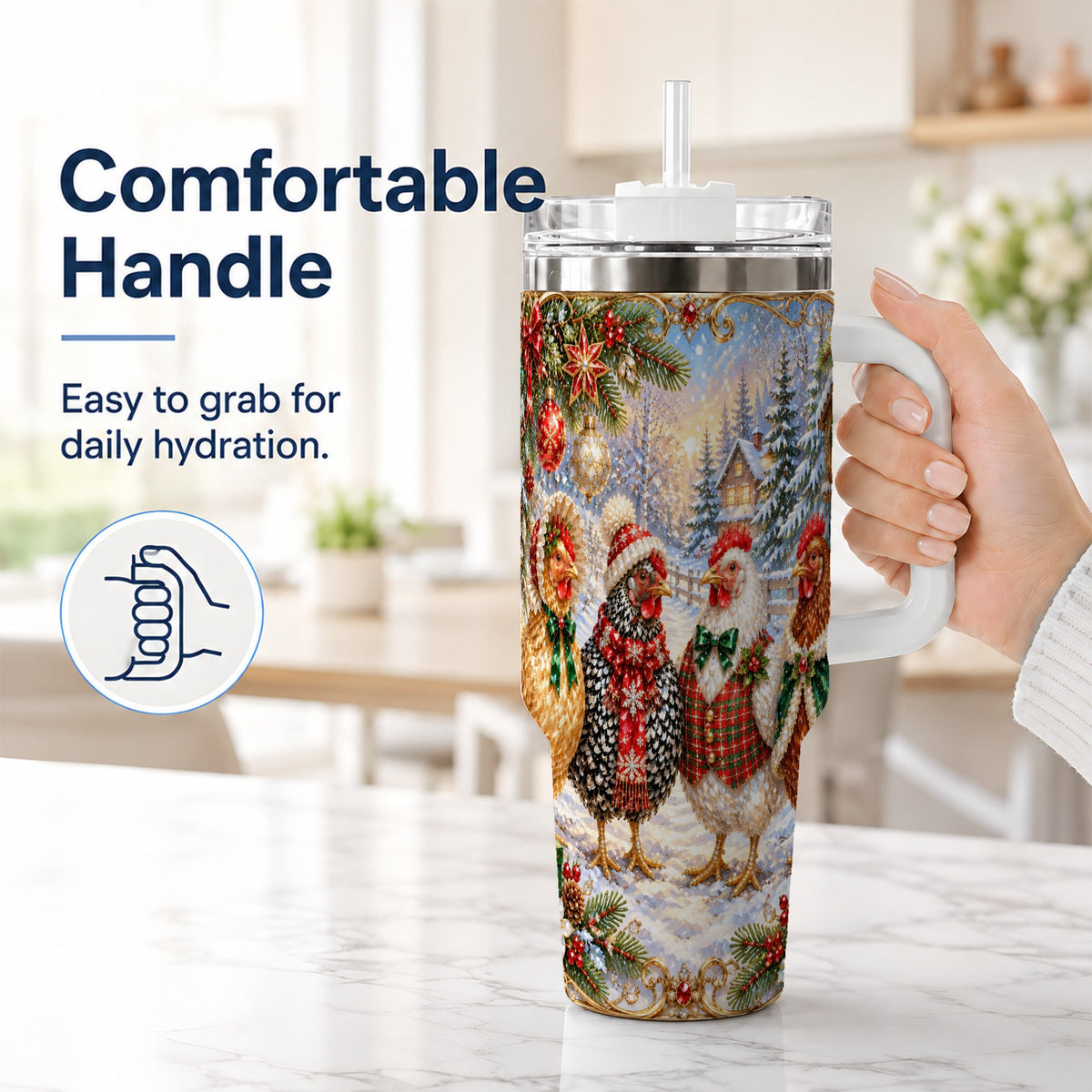 #pl[40oz|White] Christmas Chicken 40oz Tumbler, Hen Stainless Steel Travel Cup