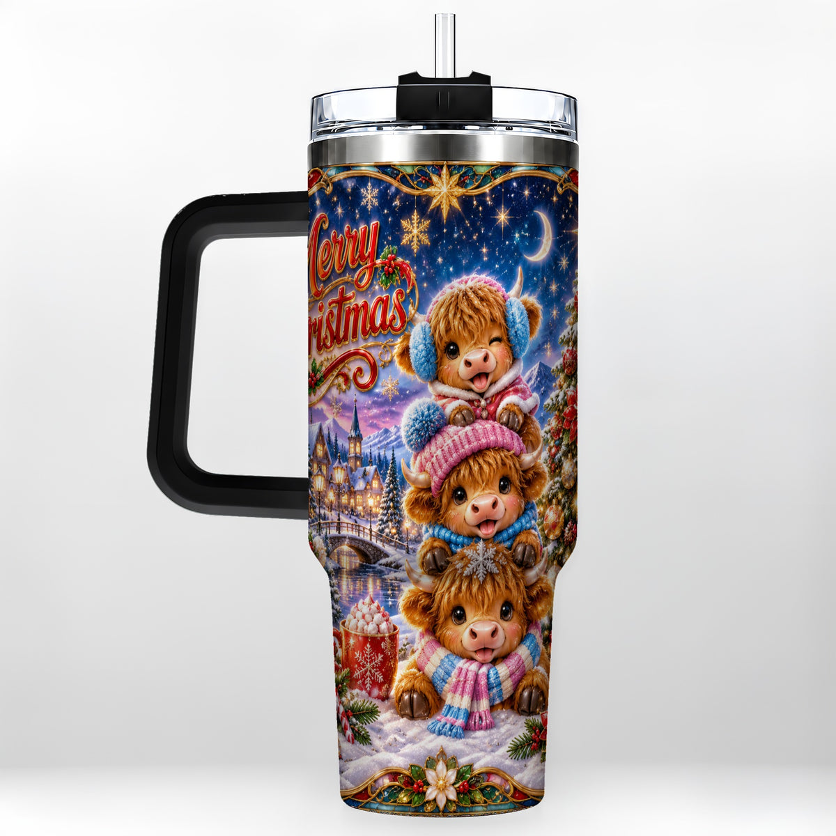 #pl[40oz|Black] Christmas Highland Cow 40oz Tumbler, Cute Cow Stainless Steel Travel Cup