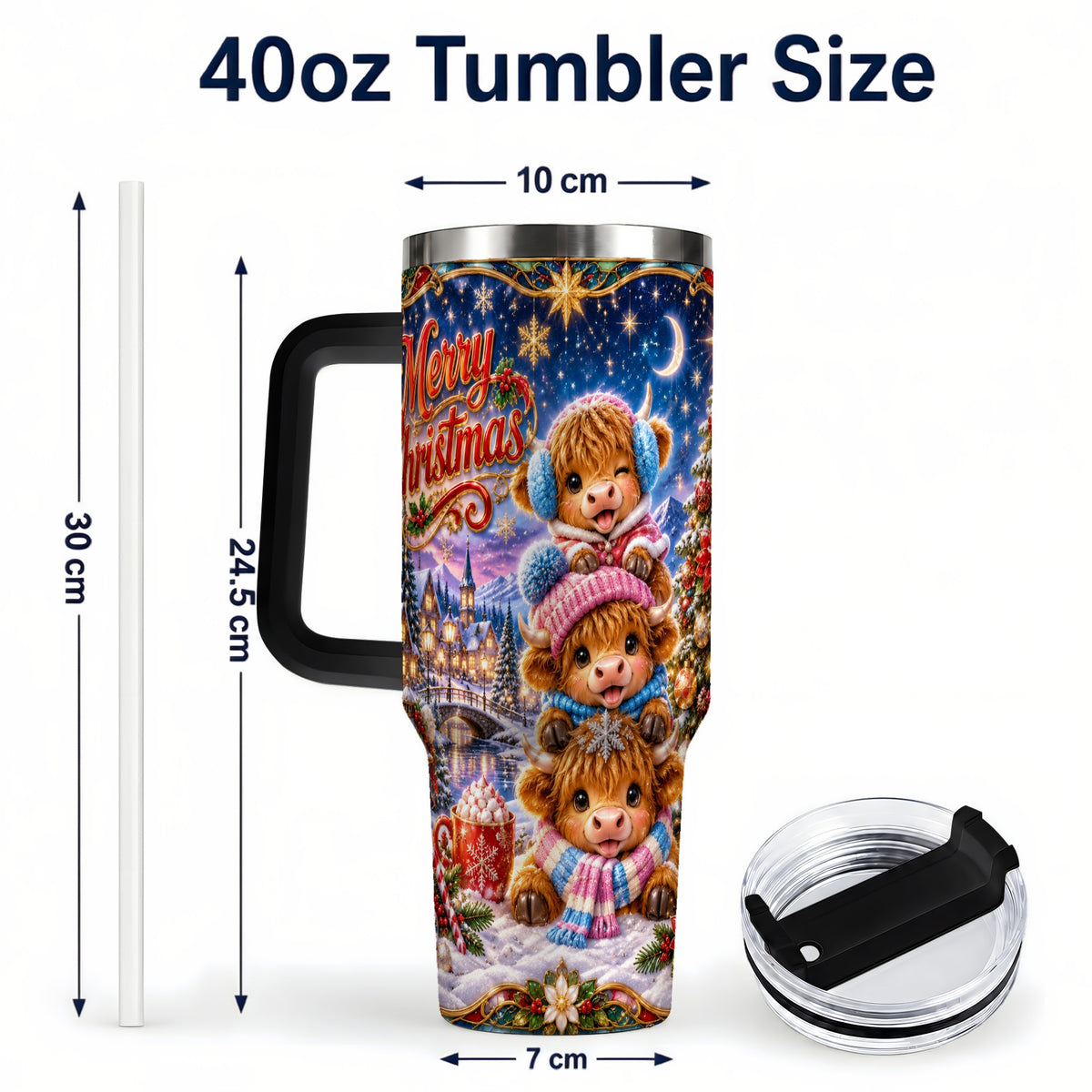 #pl[40oz|Black] Christmas Highland Cow 40oz Tumbler, Cute Cow Stainless Steel Travel Cup