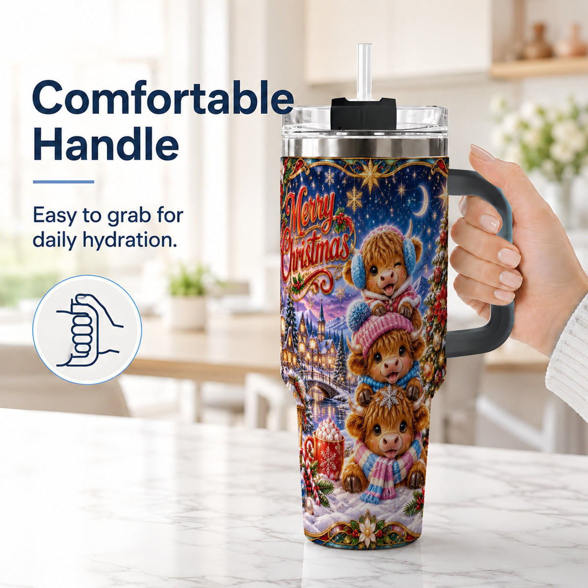 #pl[40oz|Black] Christmas Highland Cow 40oz Tumbler, Cute Cow Stainless Steel Travel Cup