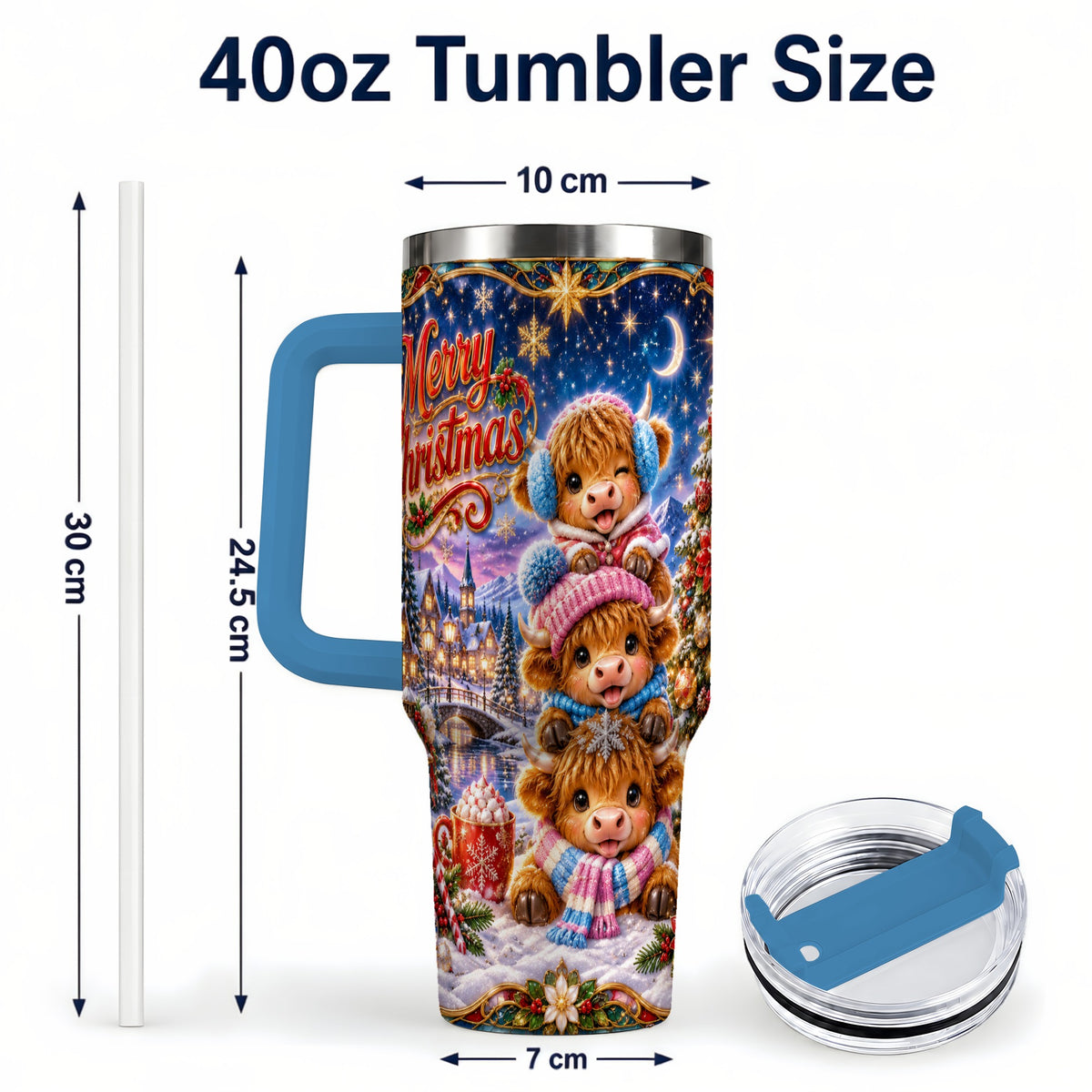 #pl[40oz|Blue] Christmas Highland Cow 40oz Tumbler, Cute Cow Stainless Steel Travel Cup